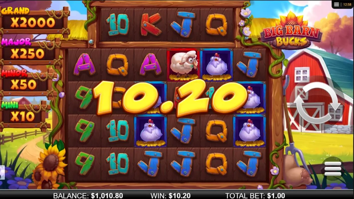 Tampilan visual slot Big Barn Bucks dengan tema peternakan kartun yang ceria